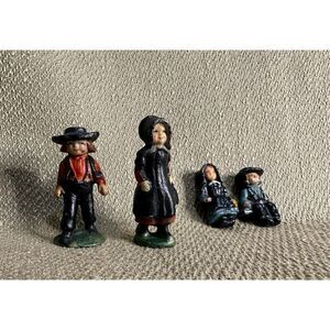 Vintage Cast Iron Amish Family Figurine Set of 4 Mini Shelf Sitters and Figures